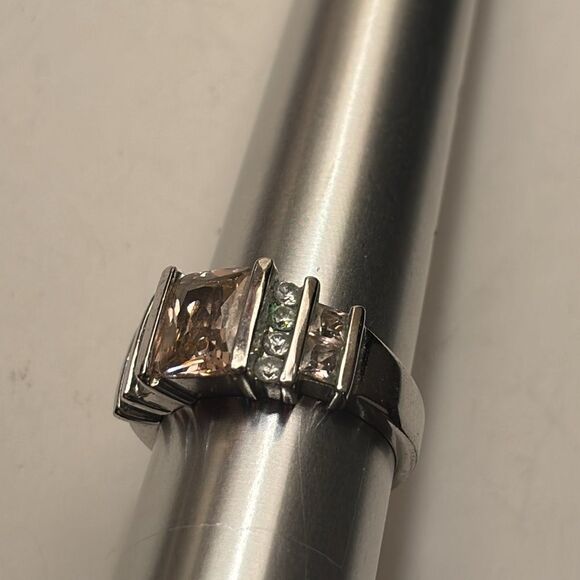 Silver Tone Square Cut Light Pink and clear crystal statement cocktail ring 7 - Picture 2 of 8